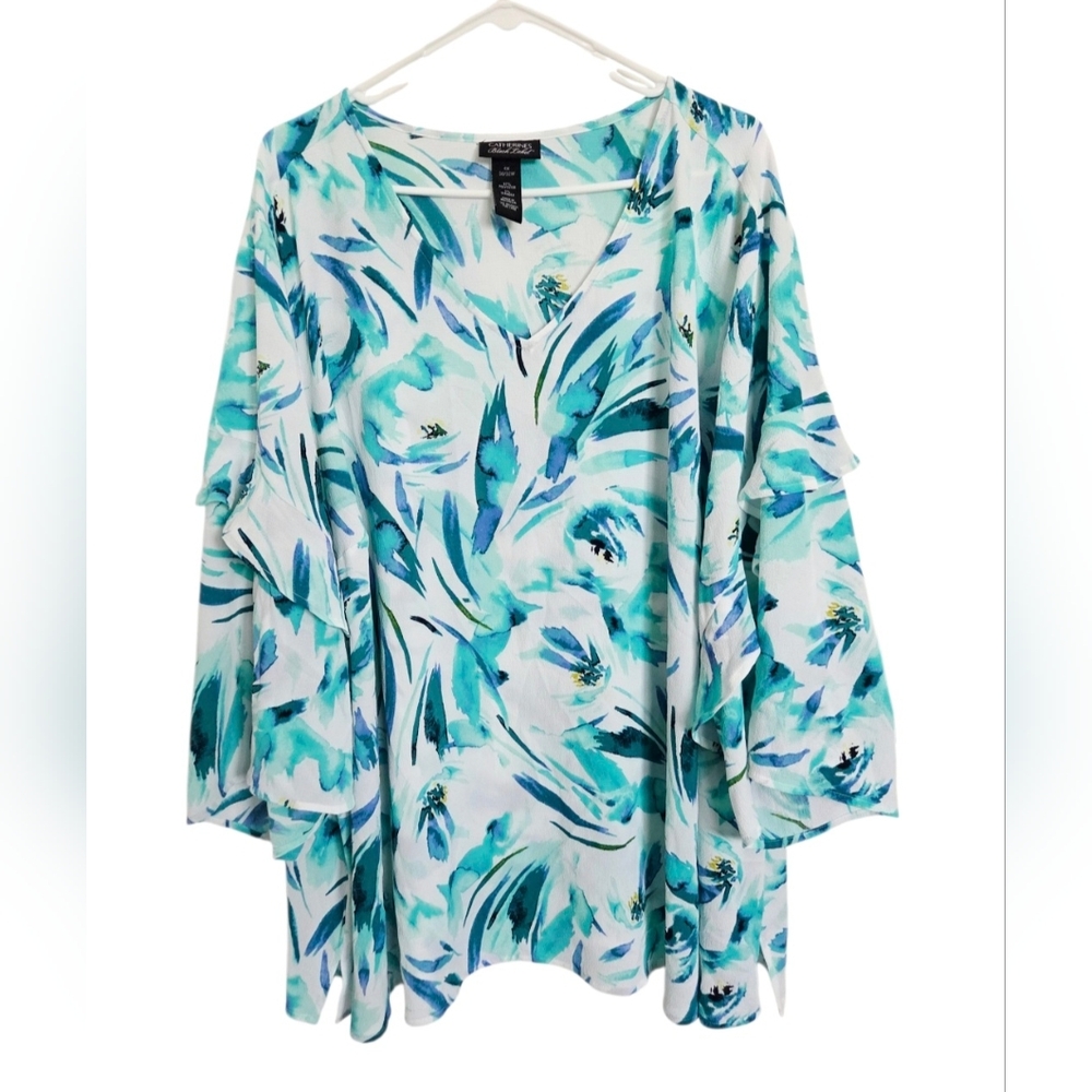 NEW Catherine’s Black Label Women's Teal White Floral Blouse Tunic 4X Flowy‎